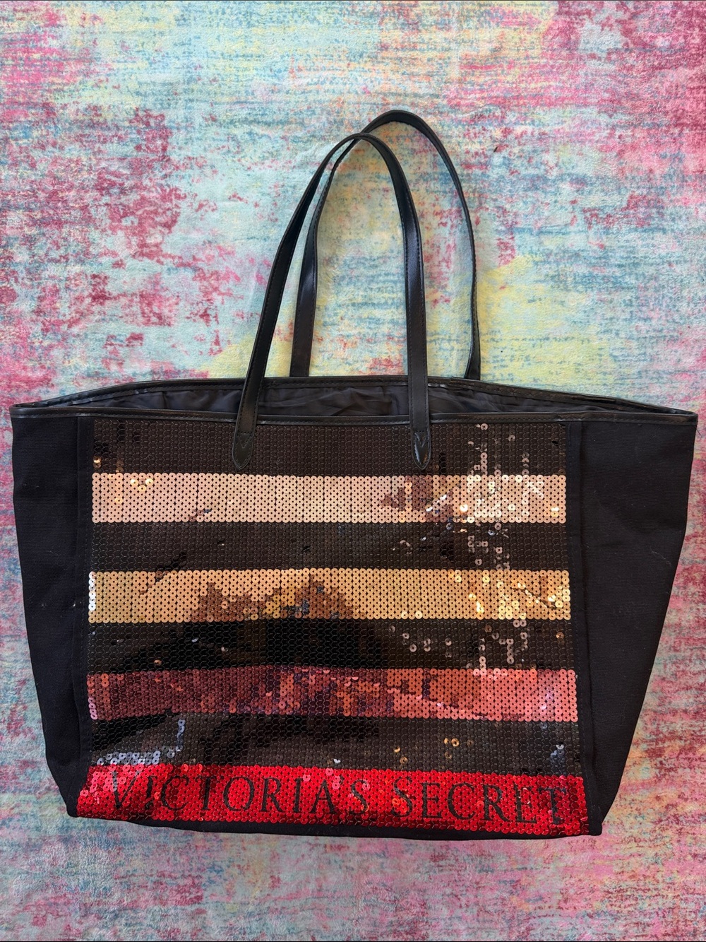 Victoria's Secret Black Tote with Gold and Red Sequin Stripes
